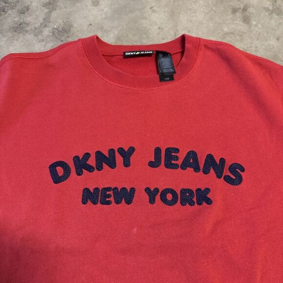 Vintage DKNY Jeans Spell out Crewneck Womens L Red Long Sleeve Stitched Sweater - Picture 2 of 10